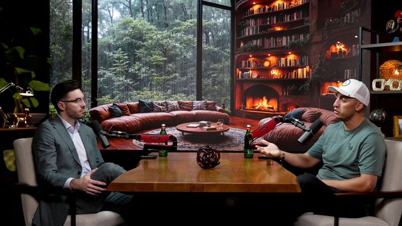 Two creators recording a podcast session at the Roundtable studio